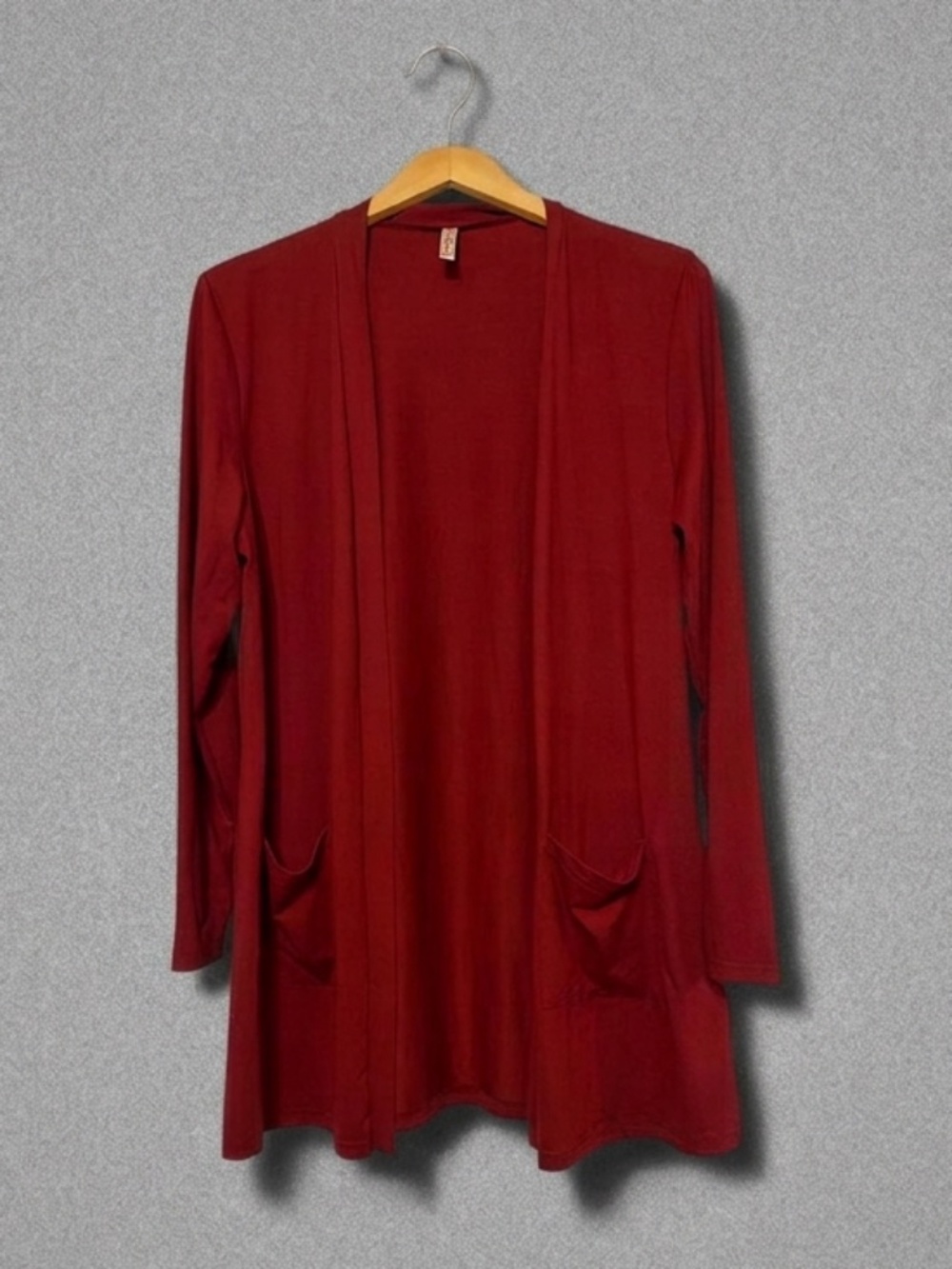 QIXING Burgundy Red Longline Cardigan Sweater Size L Open Front Pocketed Cozy